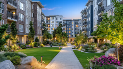 Multifamily housing community with mix of brown brick and modern cladding, neat green lawns and paved paths, cozy suburban charm under golden evening light