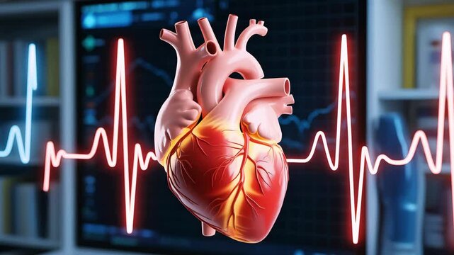 Glowing Human Heart with ECG Waveform on Dark Background