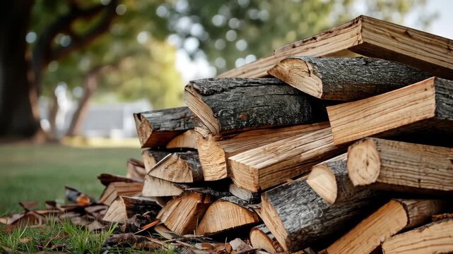 Firewood is neatly stacked in an open area surrounded by greenery, perfect for outdoor activities or warmth during chilly evenings