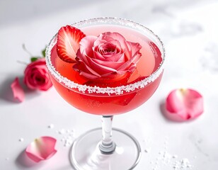 Elegant pink cocktail garnished with a rose and strawberry slice, perfect for celebrations.
