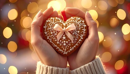 Two hands gently hold a heart-shaped gingerbread cookie decorated with white icing and a pink ribbon, set against a bokeh background of warm lights.