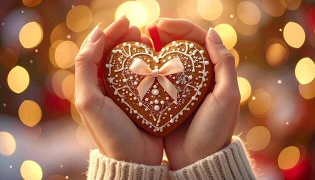 Two hands gently hold a heart-shaped gingerbread cookie decorated with white icing and a pink ribbon, set against a bokeh background of warm lights. - Powered by Adobe
