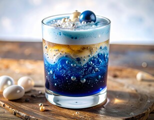 Vibrant layered cocktail with blue, white, and golden hues, topped with foam and a sphere garnish.