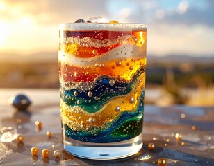 Vibrant layered drink with colorful bubbles and sunset glow, refreshing summer beverage