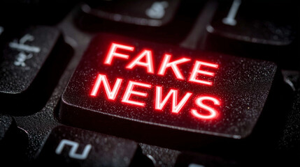 Close-up of black keyboard key with glowing red text "FAKE NEWS," dark background emphasizing neon glow, subtle reflections on smooth surface, high-tech, ominous atmosphere