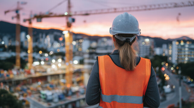 Asian female engineer standing tall amidst active construction site, orange safety vest contrasting gray steel structures, cranes and buildings behind her bathed in sunset glow