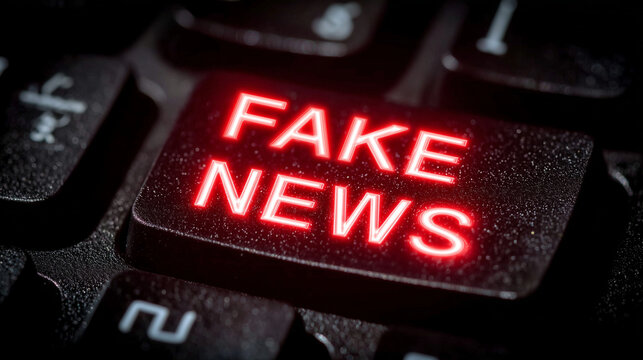 Close-up of black keyboard key with glowing red text "FAKE NEWS," dark background emphasizing neon glow, subtle reflections on smooth surface, high-tech, ominous atmosphere