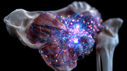 Highly detailed 3D view of human hip joint, showing femur, pelvis, surrounding muscles, and connective tissues, soft studio lighting emphasizing anatomical contours for educational
