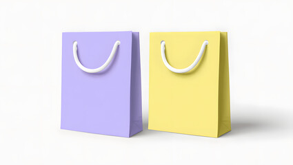 Two pastel colored shopping bags standing side by side on a white background