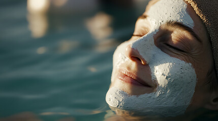 Woman in water with facial mask enjoying relaxation and spa treatments. Serene, peaceful moment with eyes closed. Self-care and pampering in a tranquil setting.