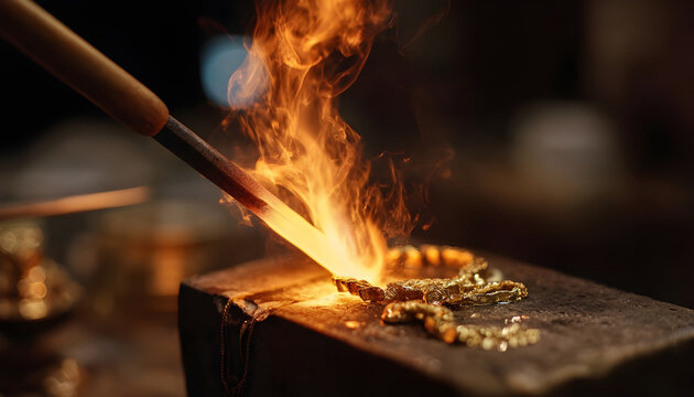 Slow motion macro close up of experienced goldsmith heating a precious metal for making a handmade jewelry in a workshop