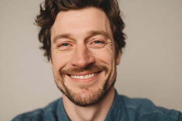 Obraz premium Smiling Man Recording Selfie Video on Neutral Background for Corporate Use