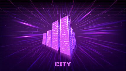 Graphic of futuristic city with outer space and purple planet as a background