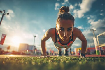 Determined young woman performing push-ups during outdoor fitness workout