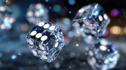 Extreme close-up of dice caught mid-flight, polished surfaces reflecting surrounding lights, white pips in sharp focus, dark gradient background emphasizing dynamic motion and anti