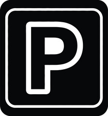White parking symbol in a black rounded square isolated on white background indicates designated area for vehicle storage and accessibility