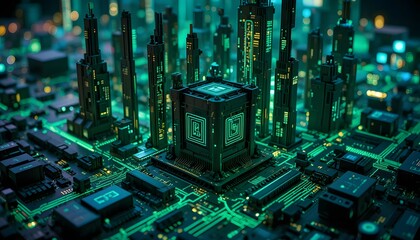 futuristic data center or server architecture in the shape of city buildings