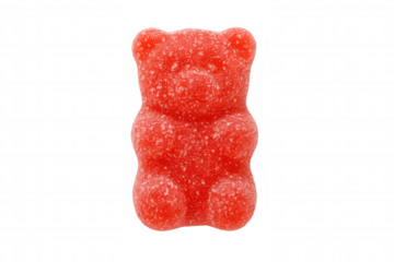 Red gummy bear candy coated with sugar, delicious sweet gelatin dessert snack food, transparent background