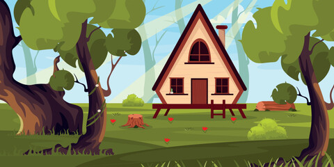 Vector illustration of a landscape with a tropical forest and bungalows. Cartoon scene of a bungalow standing on a lawn, trees entwined with vines, bushes, stump, flowers, grass, sky with sun rays.