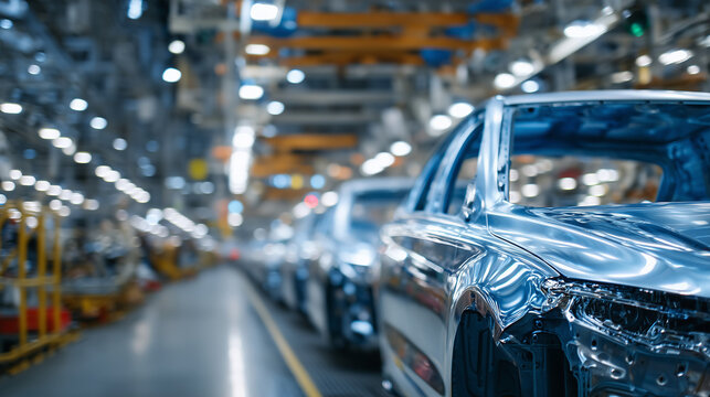 Busy automotive production line, close-up of robots and human workers coordinating on car assembly, polished car bodies gleaming, conveyor system stretching into soft-focus backgro