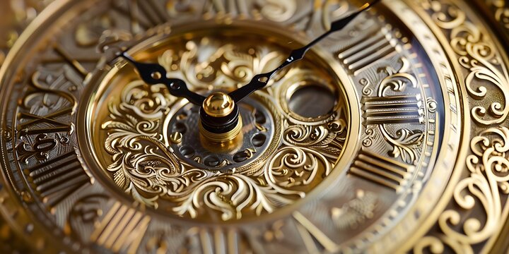 Intricate antique gold clock face with ornate details and Roman numerals