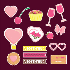 Set of stickers for Valentine's Day in cartoon style. Vector illustration: hearts, cherry, cake, glasses, hot air balloon, strawberry, bow, glasses, cookies, bookmarks isolated on burgundy background.
