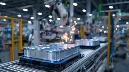 Fototapeta premium Mass production of lithium-ion battery cells for electric vehicles, conveyor close-up showing multiple cells in process, robotic arms and machinery in motion, cinematic industrial
