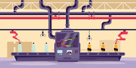 Vector illustration of a modern factory interior with an automatic conveyor. Cartoon scene of an automated production process with robotic arms, machine device, bottles on a conveyor belt, pipes.