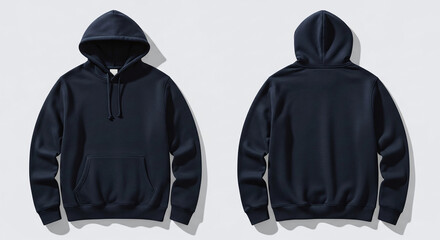 Navy blue hoodie front and back view isolated on white background