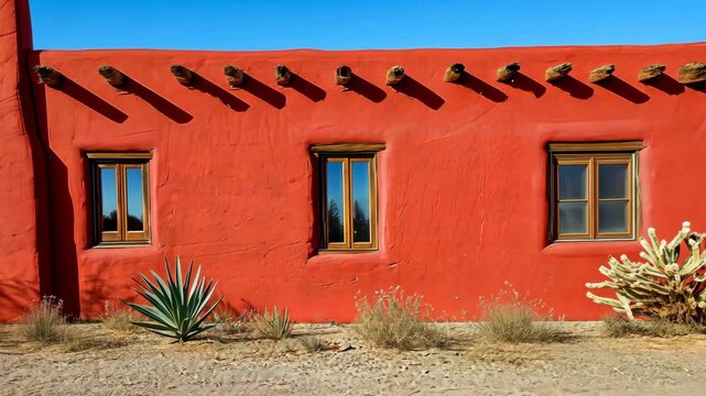 Desert adobe house with cactus and shadows transition in sunny southwest setting