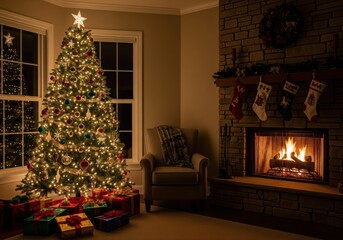 A quiet living room glowing warmly at night with tree sparkling near window, presents colorful, fireplace flickering, stockings hanging, shadows softening peaceful atmosphere