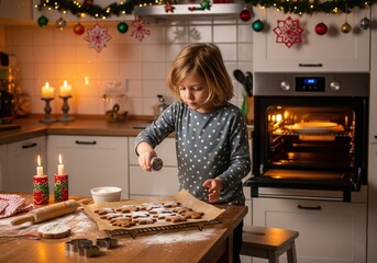 A warm holiday kitchen glowing with light where cookies cool on table, child sprinkles sugar, oven glowing, candles flicker, ornaments hang, everything cozy festive