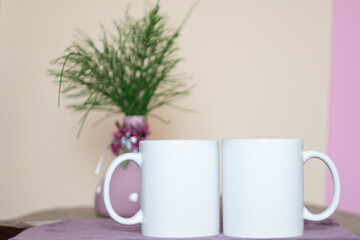 White two mugs for mockup or background Editable cup template