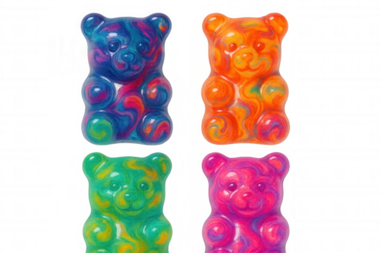 Colorful swirl gummy bears representing sweet candy, childhood fun, and psychedelic vibrant dreams on transparent background