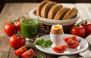 Wholesome rustic table spread with vegetable juice fresh tomatoes boiled egg and whole grain bread arranged for nourishing morning meal