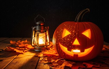 Magical Halloween candle glowing inside carved pumpkin surrounded by autumn leaves, wood shadows, lantern light and sparkling stars across crisp night sky