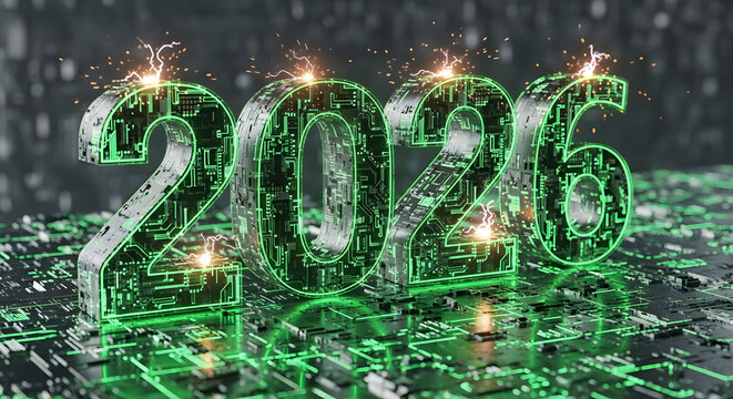 The year 2026 depicted in a high-tech digital circuit board style with glowing green energy - Powered by Adobe