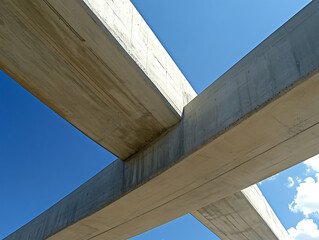 Abstract concrete structures against a bright blue sky create a modern, geometric composition, emphasizing lines and angles in architectural design.