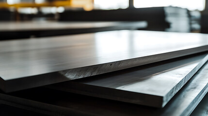 Stacked metal sheets reflect light in an industrial setting, showcasing textures and precision. Production material ready for fabrication.