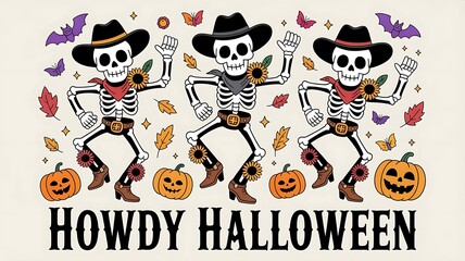 dancing skeleton cowboys wearing western hats, boots, and accessories halloween banner background template created with generative ai