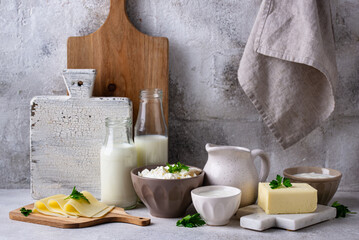 Dairy products. Milk, cottage cheese, cream, butter and yogurt