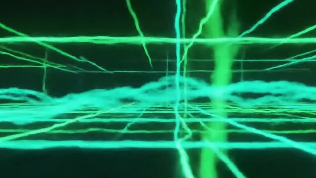 Animation of a futuristic digital landscape with glowing green data streams. Seamless loop.