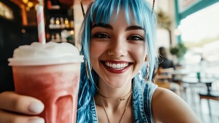 Woman with blue hair and drink