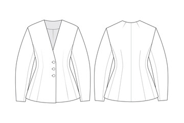 Fashion technical drawing of the round shoulders jacket.  Collarless blazer flat sketch  © Anastasiia