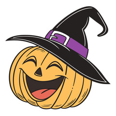 Smiling Pumpkin with Witch Hat Cute Halloween Flat Vector Illustration