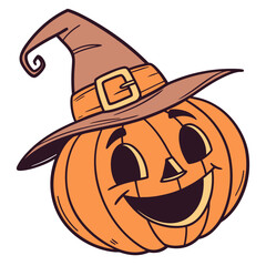 Cute Smiling Pumpkin with Witch Hat Minimal Flat Halloween Vector