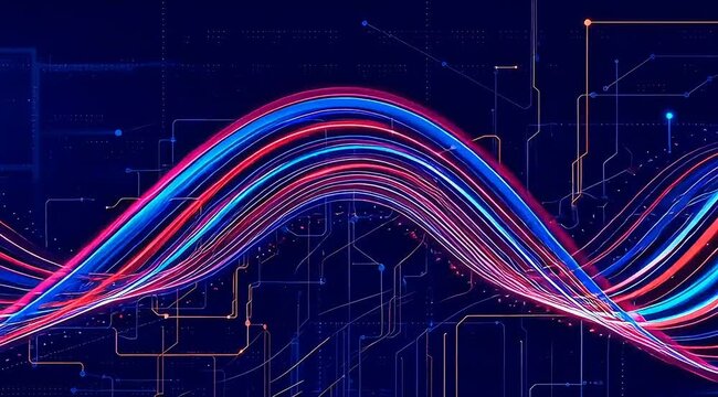 Dynamic colorful abstract wave illustration over a digital circuit board design, showcasing technology and data flow with modern visual appeal