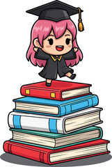Joyful cartoon graduate character standing atop a stack of colorful academic books vector illustration