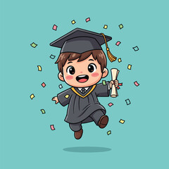 Joyful cartoon graduate student celebrates academic achievement with diploma and falling confetti vector illustration
