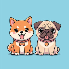 Adorable cartoon shiba inu and pug puppies sitting together with happy expressions vector illustration